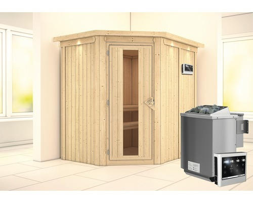 Elementsauna Karibu Carina inkl. 9 kW Bio Ofen u.ext.Steuerung mit Dachkranz und Holztüre mit Isolierglas wärmegedämmt