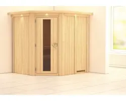 Elementsauna Karibu Petalit ohne Ofen mit Dachkranz und Holztüre mit Isolierglas wärmegedämmt
