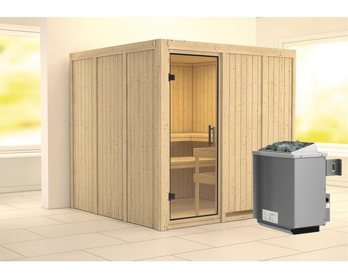 Elementsauna Karibu Rodina inkl. 9 kW Ofen u.integr.Steuerung ohne Dachkranz mit Ganzglastüre aus Klarglas