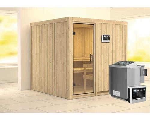 Elementsauna Karibu Rodina inkl. 9 kW Bio Ofen u.ext.Steuerung ohne Dachkranz mit Ganzglastüre aus Klarglas