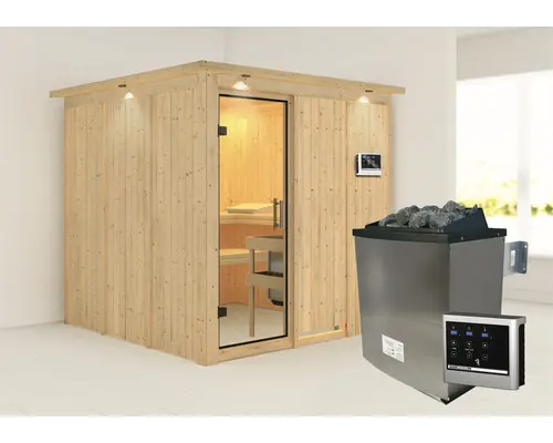 Elementsauna Karibu Rodina inkl. 9 kW Ofen u.ext.Steuerung mit Dachkranz und Ganzglastüre aus Klarglas