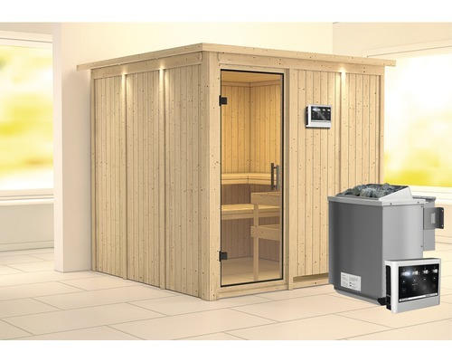 Elementsauna Karibu Rodina inkl. 9 kW Bio Ofen u.ext.Steuerung mit Dachkranz und Ganzglastüre aus Klarglas