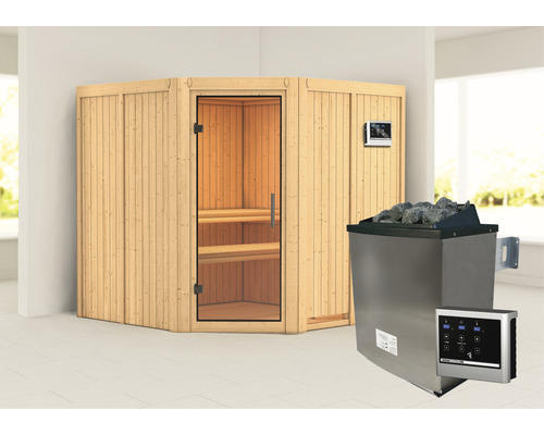 Elementsauna Karibu Jarina inkl. 9 kW Ofen u.ext.Steuerung ohne Dachkranz mit Ganzglastüre aus Klarglas