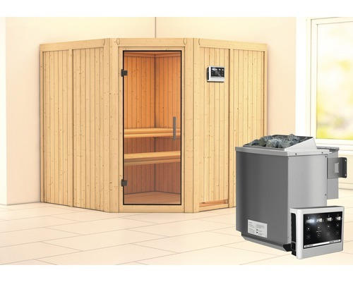 Elementsauna Karibu Jarina inkl. 9 kW Bio Ofen u.ext.Steuerung ohne Dachkranz mit Ganzglastüre aus Klarglas