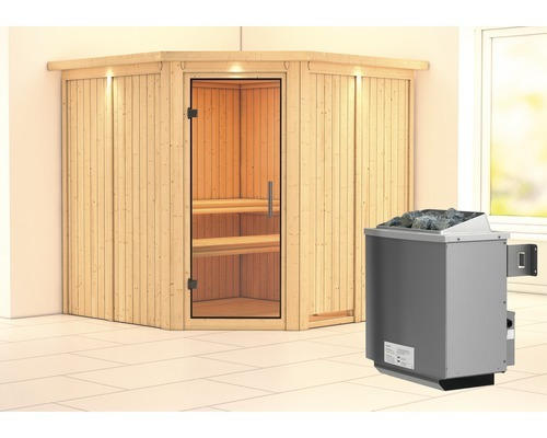 Elementsauna Karibu Piemon inkl. 9 kW Ofen u.integr.Steuerung mit Dachkranz und Ganzglastüre aus Klarglas