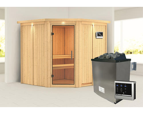 Elementsauna Karibu Piemon inkl. 9 kW Ofen u.ext.Steuerung mit Dachkranz und Ganzglastüre aus Klarglas