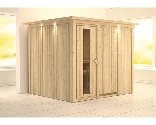 Elementsauna Karibu Gobina ohne Ofen mit Dachkranz und Holztüre mit Isolierglas wärmegedämmt