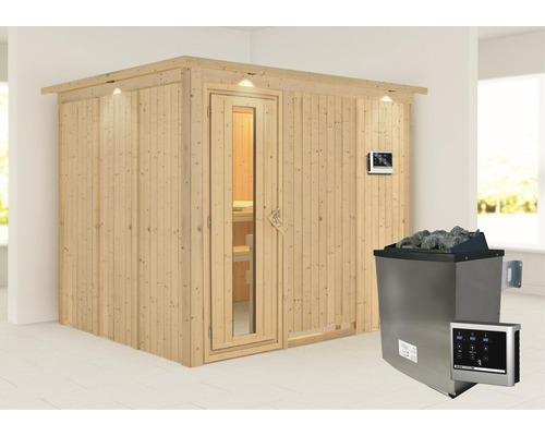 Elementsauna Karibu Gobina inkl. 9 kW Ofen u.ext.Steuerung mit Dachkranz und Holztüre mit Isolierglas wärmegedämmt