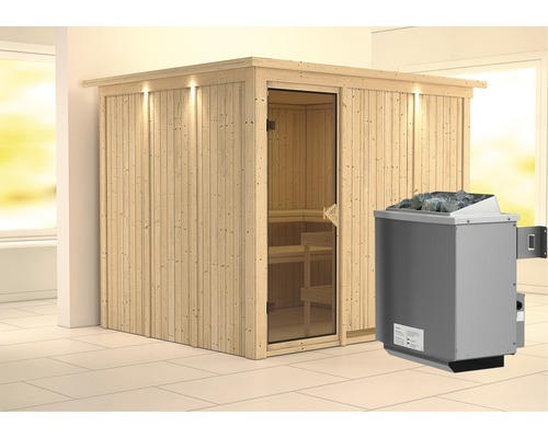 Elementsauna Karibu Gobina inkl. 9 kW Ofen u.integr.Steuerung mit Dachkranz und bronzierter Ganzglastüre