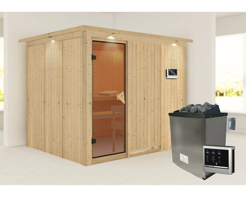 Elementsauna Karibu Gobina inkl. 9 kW Ofen u.ext.Steuerung mit Dachkranz und bronzierter Ganzglastüre