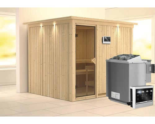 Elementsauna Karibu Gobina inkl. 9 kW Bio Ofen u.ext.Steuerung mit Dachkranz und bronzierter Ganzglastüre