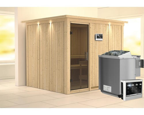 Elementsauna Karibu Gobina inkl. 9 kW Bio Ofen u.ext.Steuerung mit Dachkranz und graphitfarbiger Ganzglastüre