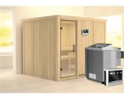 Elementsauna Karibu Gobina inkl. 9 kW Bio Ofen u.ext.Steuerung ohne Dachkranz mit Ganzglastüre aus Klarglas