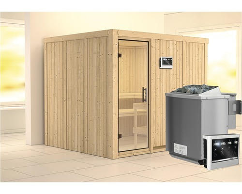 Elementsauna Karibu Gobina inkl. 9 kW Bio Ofen u.ext.Steuerung ohne Dachkranz mit Ganzglastüre aus Klarglas