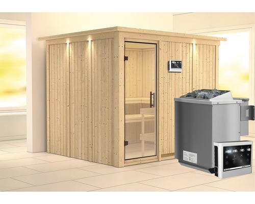 Elementsauna Karibu Gobina inkl. 9 kW Bio Ofen u.ext.Steuerung mit Dachkranz und Ganzglastüre aus Klarglas