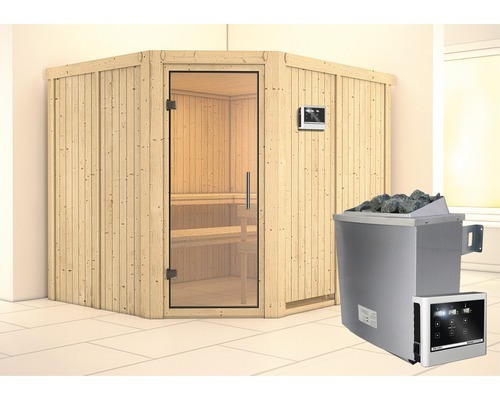 Elementsauna Karibu Malina inkl. 9 kW Ofen u.ext.Steuerung ohne Dachkranz mit Ganzglastüre aus Klarglas