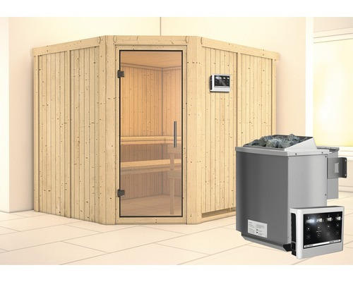 Elementsauna Karibu Malina inkl. 9 kW Bio Ofen u.ext.Steuerung ohne Dachkranz mit Ganzglastüre aus Klarglas