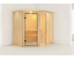 Elementsauna Karibu Siona 1 ohne Ofen mit Dachkranz und bronzierter Ganzglastüre