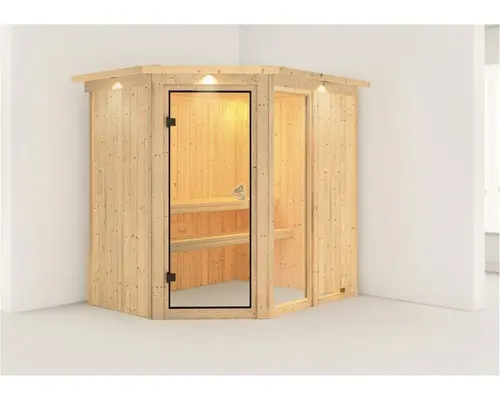 Elementsauna Karibu Siona 1 ohne Ofen mit Dachkranz und bronzierter Ganzglastüre