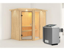 Elementsauna Karibu Siona 1 inkl. 9 kW Ofen u.integr.Steuerung mit Dachkranz und bronzierter Ganzglastüre