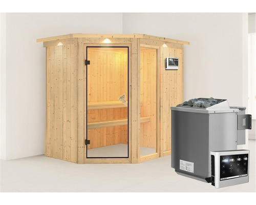 Elementsauna Karibu Siona 1 inkl. 9 kW Bio Ofen u.ext.Steuerung mit Dachkranz und bronzierter Ganzglastüre