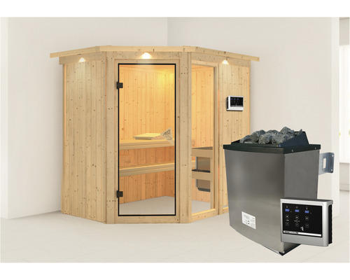 Elementsauna Karibu Siona 1 inkl. 9 kW Ofen u.ext.Steuerung mit Dachkranz und bronzierter Ganzglastüre