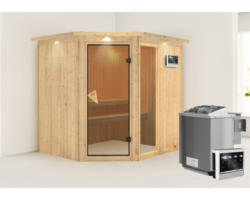 Elementsauna Karibu Siona 2 inkl. 9 kW Bio Ofen u.ext.Steuerung mit Dachkranz und bronzierter Ganzglastüre