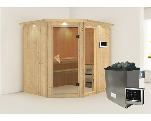 Elementsauna Karibu Siona 2 inkl. 9 kW Ofen u.ext.Steuerung mit Dachkranz und bronzierter Ganzglastüre