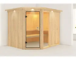 Elementsauna Karibu Siona 3 ohne Ofen mit Dachkranz und bronzierter Ganzglastüre