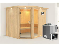 Elementsauna Karibu Siona 3 inkl. 9 kW Bio Ofen u.ext.Steuerung mit Dachkranz und bronzierter Ganzglastüre