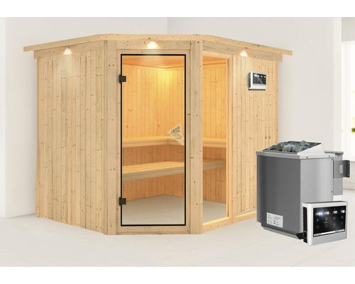 Elementsauna Karibu Siona 3 inkl. 9 kW Bio Ofen u.ext.Steuerung mit Dachkranz und bronzierter Ganzglastüre