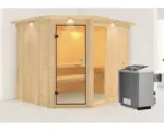 Hornbach Elementsauna Karibu Siona 3 inkl. 9 kW Ofen u.integr.Steuerung mit Dachkranz und bronzierter Ganzglastüre
