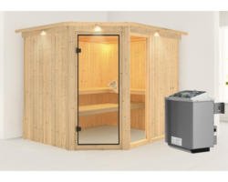 Elementsauna Karibu Siona 3 inkl. 9 kW Ofen u.integr.Steuerung mit Dachkranz und bronzierter Ganzglastüre