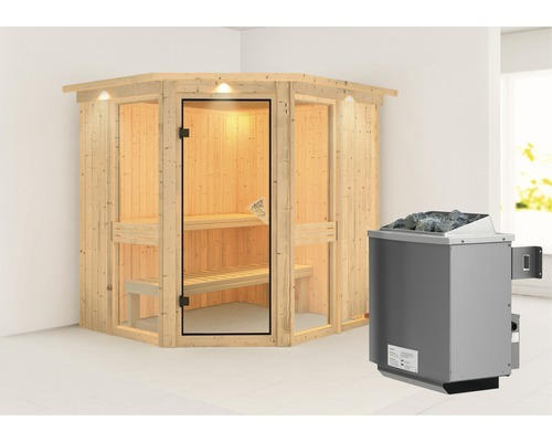 Elementsauna Karibu Omelia 1 inkl. 9 kW Ofen u.integr.Steuerung mit Dachkranz und bronzierter Ganzglastüre