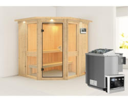 Elementsauna Karibu Omelia 1 inkl. 9 kW Bio Ofen u.ext.Steuerung mit Dachkranz und bronzierter Ganzglastüre