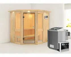 Elementsauna Karibu Omelia 1 inkl. 9 kW Bio Ofen u.ext.Steuerung mit Dachkranz und bronzierter Ganzglastüre