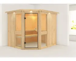 Elementsauna Karibu Omelia 3 ohne Ofen mit Dachkranz und bronzierter Ganzglastüre