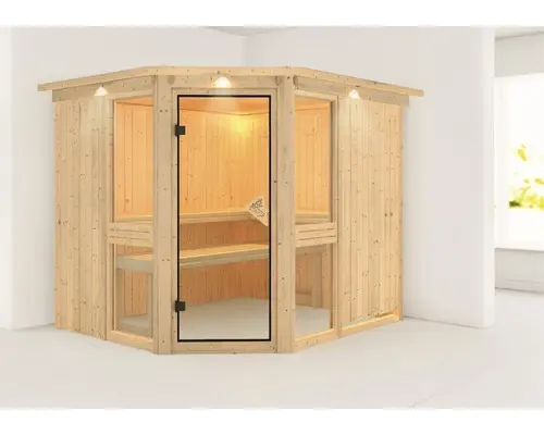 Elementsauna Karibu Omelia 3 ohne Ofen mit Dachkranz und bronzierter Ganzglastüre