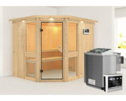 Elementsauna Karibu Omelia 3 inkl. 9 kW Bio Ofen u.ext.Steuerung mit Dachkranz und bronzierter Ganzglastüre