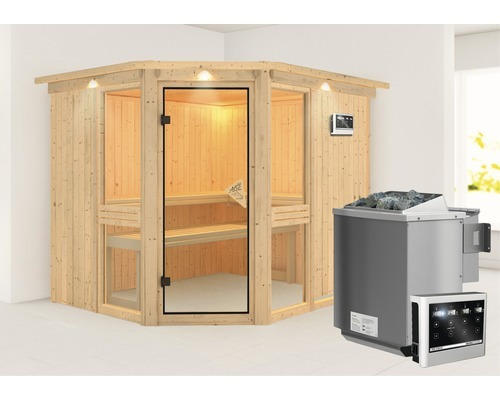 Elementsauna Karibu Omelia 3 inkl. 9 kW Bio Ofen u.ext.Steuerung mit Dachkranz und bronzierter Ganzglastüre