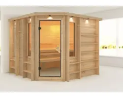 Massivholzsauna Karibu Losith ohne Ofen mit Dachkranz und bronzierter Ganzglastüre