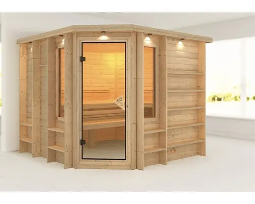 Massivholzsauna Karibu Losith ohne Ofen mit Dachkranz und bronzierter Ganzglastüre