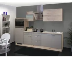 Küchenblock Flex Well Riva 11573 Quarzit Cubanit/San Remo Eiche hell 270 cm inkl. Einbaugeräte