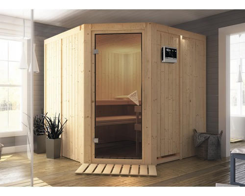 Elementsauna Karibu Jarina inkl. 9 kW Bio Ofen u.ext.Steuerung ohne Dachkranz mit bronzierter Ganzglastüre