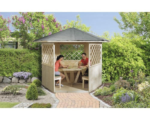 Pavillon weka mit Fußboden, Tisch und Sitzgelegenheit 223 x 257 cm natur