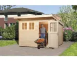 Hornbach Blockbohlenhaus weka Wallis hohes Durchgangsmaß 195 cm, mit Fußboden und Einzeltür 300 x 250 cm natur