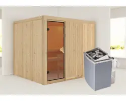 Elementsauna Karibu Gobina inkl. 9 kW Ofen u.integr.Steuerung ohne Dachkranz bronzierter Ganzglastüre