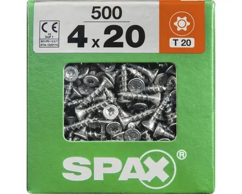 Spax Universalschraube Senkkopf Stahl gehärtet T 20, Holz-Vollgewinde 4x20 mm, 500 Stück