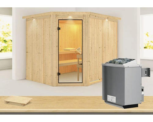 Elementsauna Karibu Malin inkl. 9 kW Ofen u.integr.Steuerung und Dachkranz bronzierter Ganzglastüre