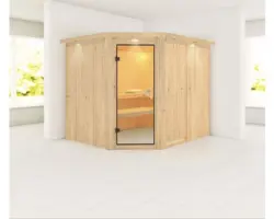 Elementsauna Karibu Malina ohne Ofen mit Dachkranz und bronzierter Ganzglastüre